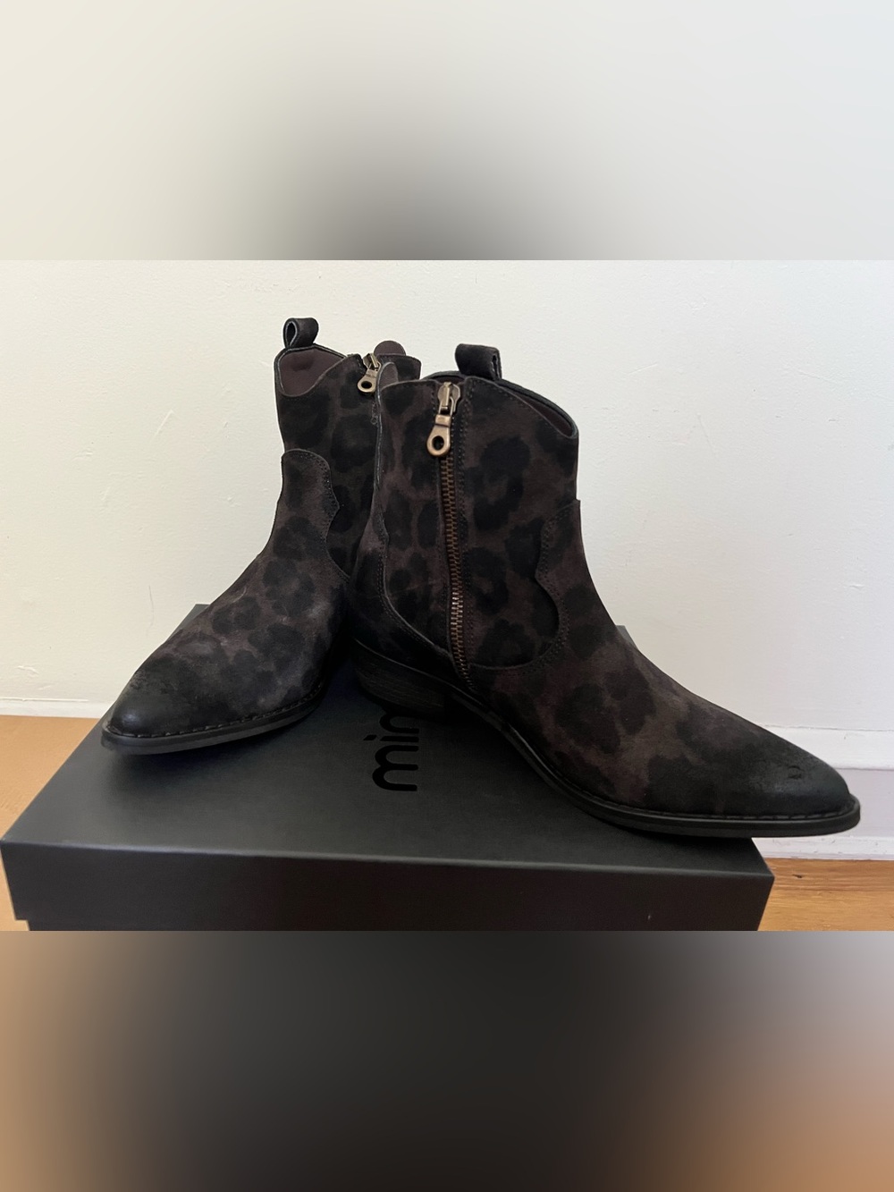 Women's Brown Leopard Suede Ankle Boots with Side Zip